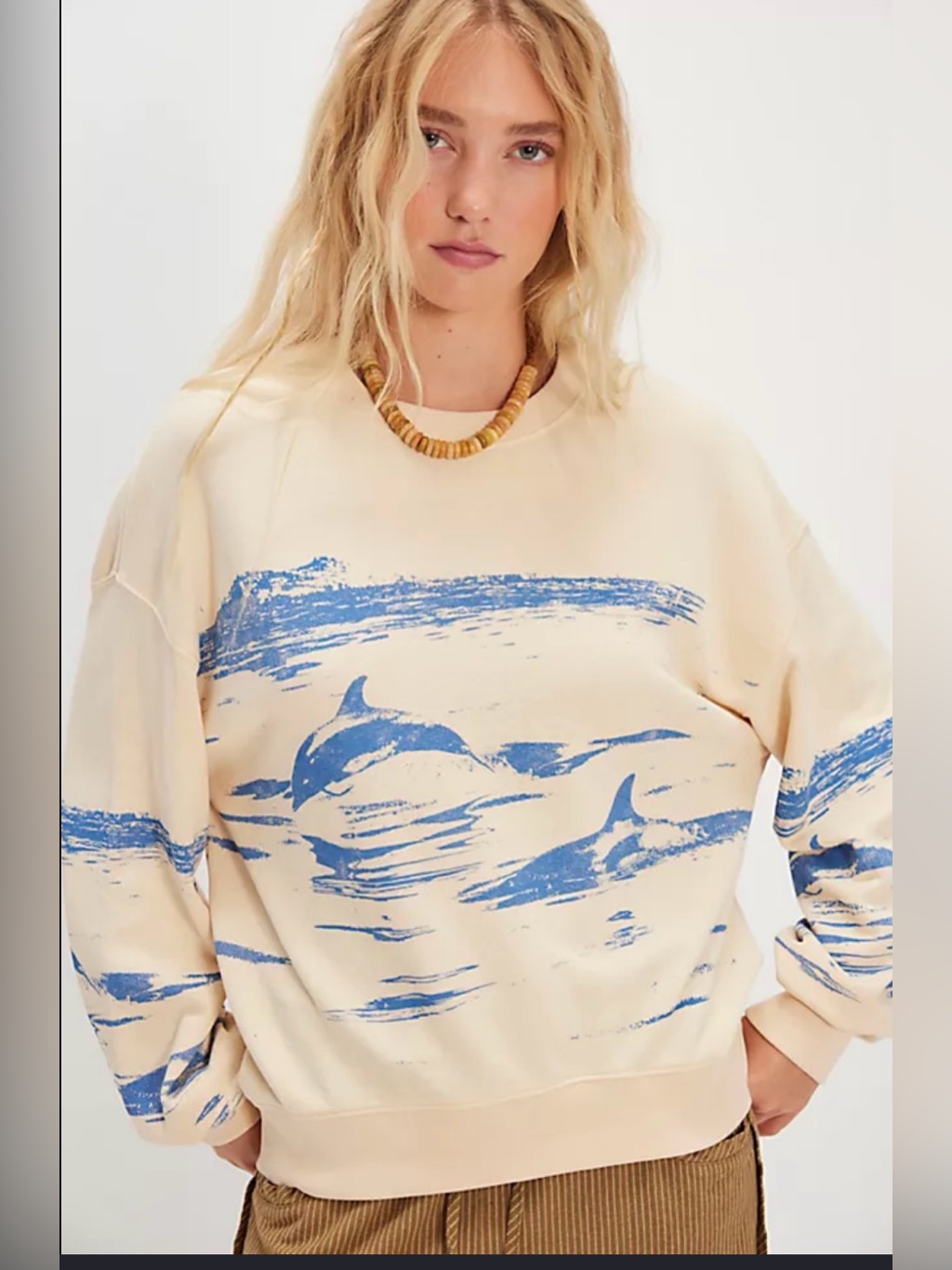 Daydreamer Free People Cream Dolphin-Print Crewneck Sweater Oversized Large